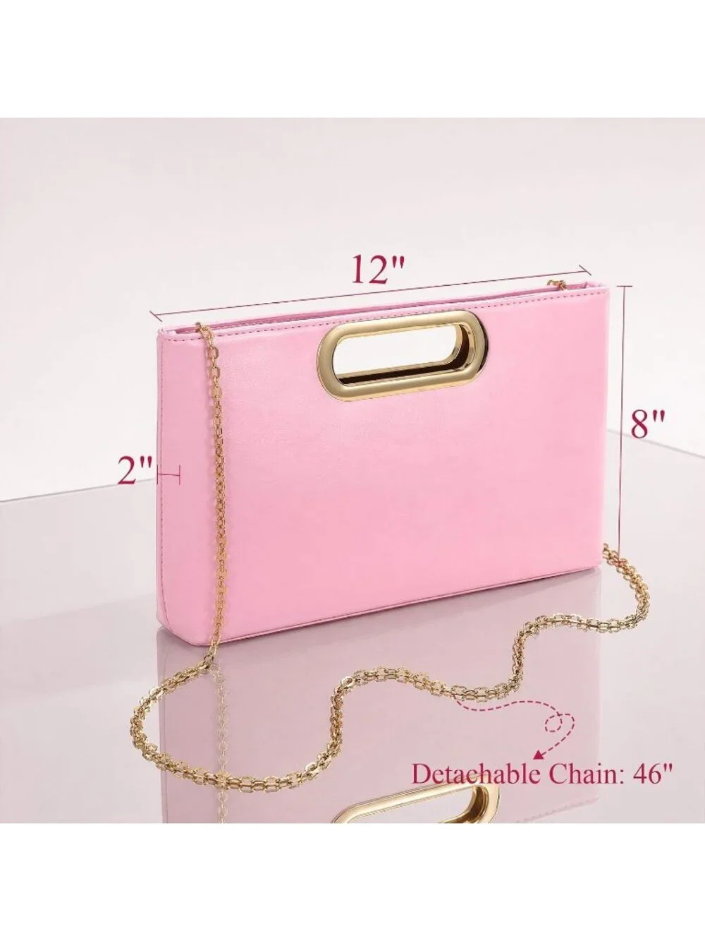 Womens Pink Clutch Handbag Modern Faux Leather with Metal Handle Evening Bag